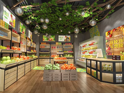 Fresh Fruit Store Interior With Organized Display Shelves And Variety Of Fresh Fruits 3d model