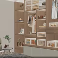 Modern Wooden Closet Interior With Hanging Clothes Drawers Storage Boxes And Lighting