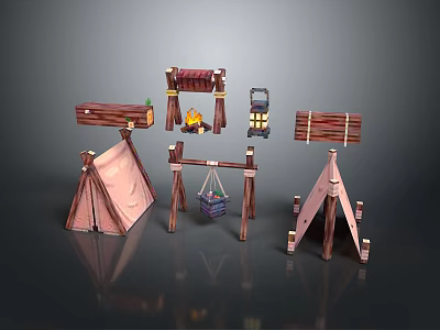 Outdoor Wooden Camping Furniture Collection With Swing Tent Shelves And Campfire 3d model