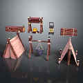 Outdoor Wooden Camping Furniture Collection With Swing Tent Shelves And Campfire