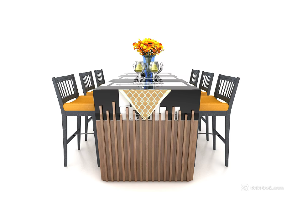 Modern Bar Counter With Black Chairs Orange Cushions Yellow Flowers Vase And Wooden Partition 3d model 