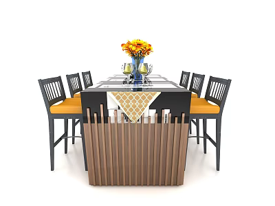 Modern Bar Counter With Black Chairs Orange Cushions Yellow Flowers Vase And Wooden Partition 3d model