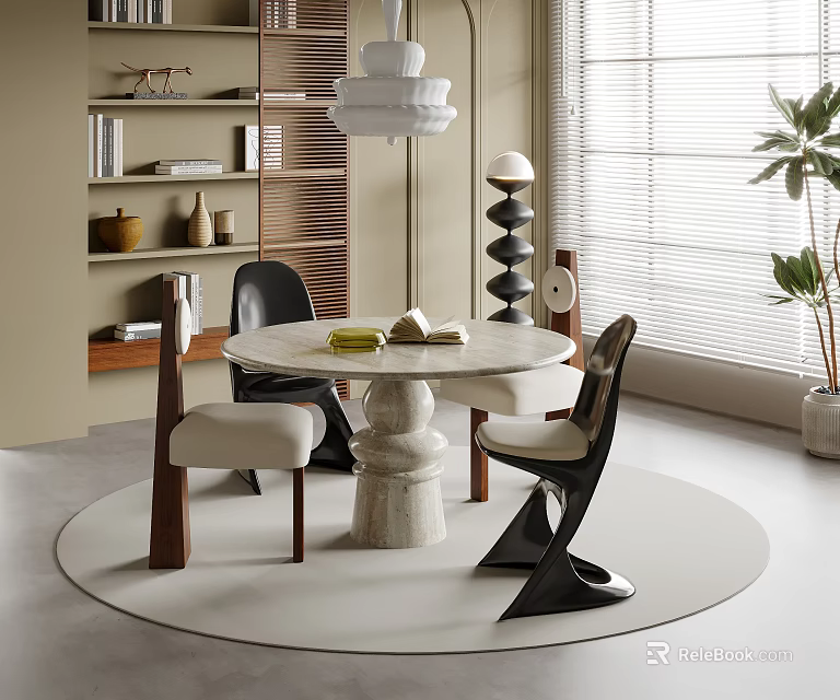 Modern Round Marble Dining Table Set With Black Wooden Chairs Window Blinds And Plant 3d model 
