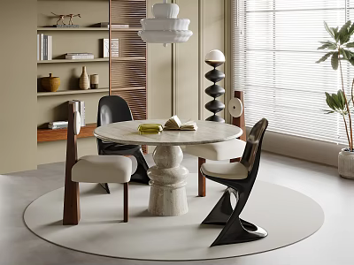 Modern Round Marble Dining Table Set With Black Wooden Chairs Window Blinds And Plant 3d model