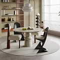 Modern Round Marble Dining Table Set With Black Wooden Chairs Window Blinds And Plant