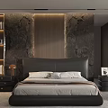 Modern Minimalist Bedroom With Black Leather Headboard Stone Wall And Floor To Ceiling Window