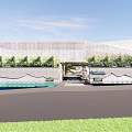 Modern Sales Office Building With Glazed Facade And Landscaped Gardens Water Features Lawns