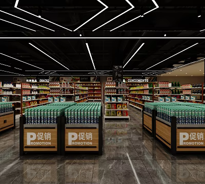 Modern Supermarket Interior With Various Products On Well Stocked Shelves And Promotion Now 3d model