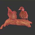 Two Colorful Wood Ducks Perched On A Wooden Log With Detailed Feathers