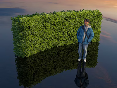 Green Curved Bush Hedge With Person Standing Beside Water Surface Reflection And Sunset Sky 3d model