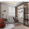Modern Study Room Interior With Cello Music Stand Desk Laptop Green Plants And Bookshelves