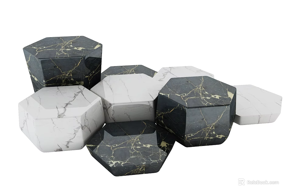 Modern Hexagonal Marble Coffee Table With Black White Gray And Gold Veins Design 3d model 