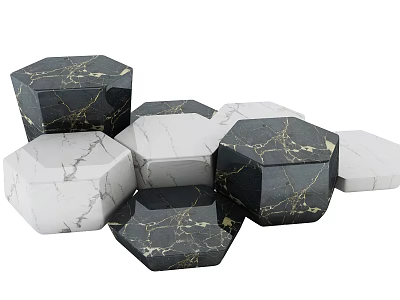 Modern Hexagonal Marble Coffee Table With Black White Gray And Gold Veins Design 3d model
