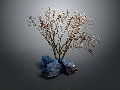 Cartoon Scene Featuring Delicate Light Brown Branches Small Leaves And Blue Stones 3d model