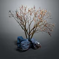 Cartoon Scene Featuring Delicate Light Brown Branches Small Leaves And Blue Stones