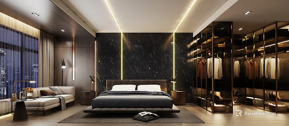 Modern Bedroom Interior With Black Marble Accent Wall Yellow Strip Lighting Large Bed And Open Wardrobe 3d model 