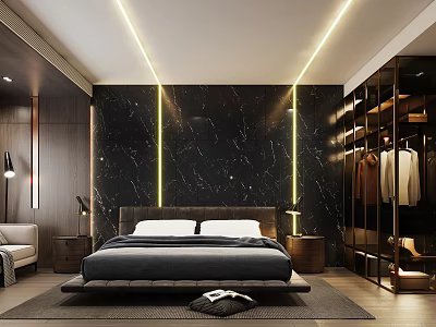 Modern Bedroom Interior With Black Marble Accent Wall Yellow Strip Lighting Large Bed And Open Wardrobe 3d model