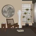 Wooden Lounge Chair With Woven Backrest Small Side Table Tall White Floor Lamp Potted Plant