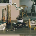 Natural Style Decorative Ornament Set With Bamboo Vases White Blossoms And Books On Tabletop