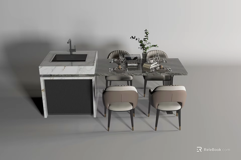 Modern Dining Table Set with Marble Top Upholstered Chairs and Kitchen Counter 3d model