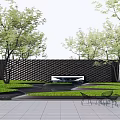 Garden Feature Wall Design With Trees Curved Black Pathway White Slabs And Green Lawn