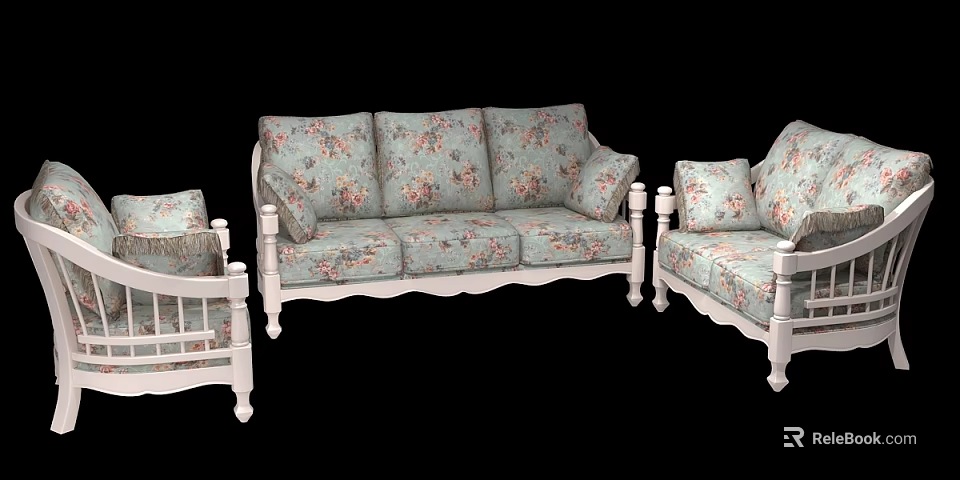 Light Blue Floral Sofa Set With White Frame Three Seater And Single Chairs 3d model 
