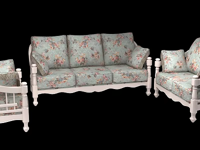 Light Blue Floral Sofa Set With White Frame Three Seater And Single Chairs 3d model