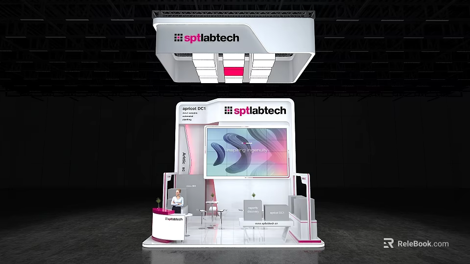 Spltlabtech Exhibition Booth With Modern Design Large Branding Screen And Staff Area 3d model 