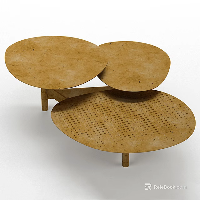 Modern Nesting Round Brown Wooden Coffee Table Set With Perforated Surface 3d model 