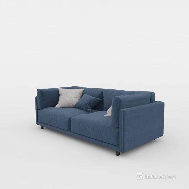 Modern Blue Upholstered Two Seater Sofa With Light Colored Decorative Pillows 3d model