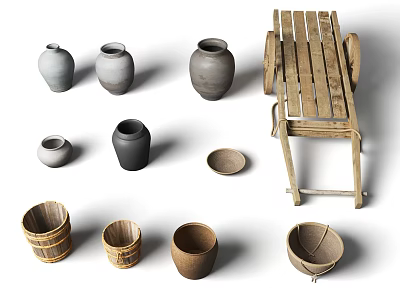 Ceramic Vessels Collection Featuring Vases Jars Bowls And Wooden Cart 3d model