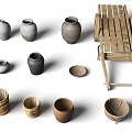 Chinese Style Pottery Pot Wooden Cart Bamboo Basket Bamboo Basket Pottery Pot Ancient Pottery Pot 3d model