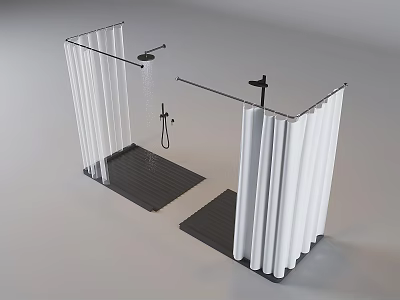 White Pleated Shower Curtains For Modern Shower Enclosure With Black Non Slip Mats And Fixtures 3d model