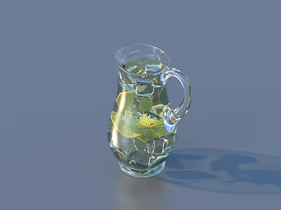 Refreshing Green Drink in Clear Glass Pitcher with Lemon Slices and Fresh Herbs 3d model