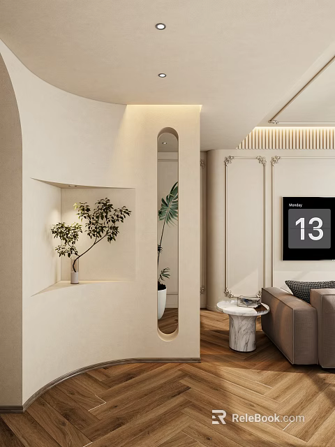 Modern Entryway Hallway Design With Light Color Walls Decorative Niche And Green Plants 3d model 