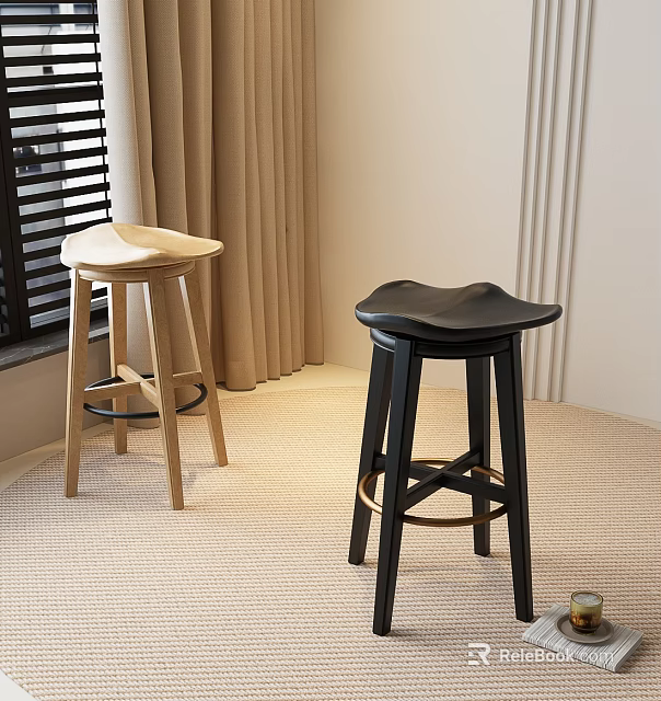 Modern Wooden Bar Stools In Light And Black Tones With Curtains And Carpet Interior 3d model 
