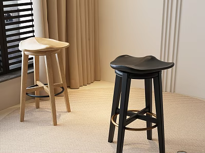 Modern Wooden Bar Stools In Light And Black Tones With Curtains And Carpet Interior 3d model