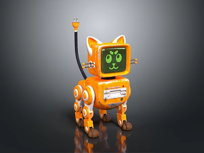 Adorable Orange Robot Cat With Mechanical Body Green Eyes Screen And Antenna 3d model