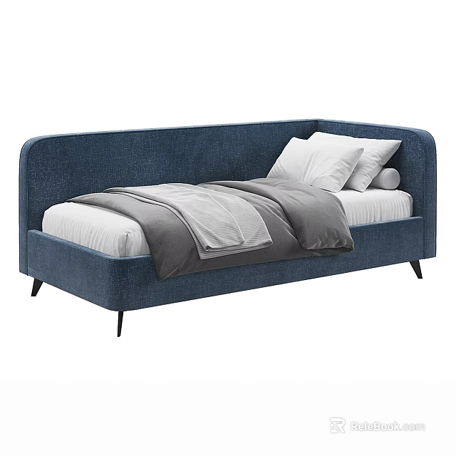 Modern Blue Upholstered Kids Daybed With Soft Bedding Pillows And Sturdy Stylish Tapered Legs 3d model 