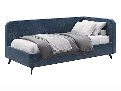 Modern Blue Upholstered Kids Daybed With Soft Bedding Pillows And Sturdy Stylish Tapered Legs 3d model