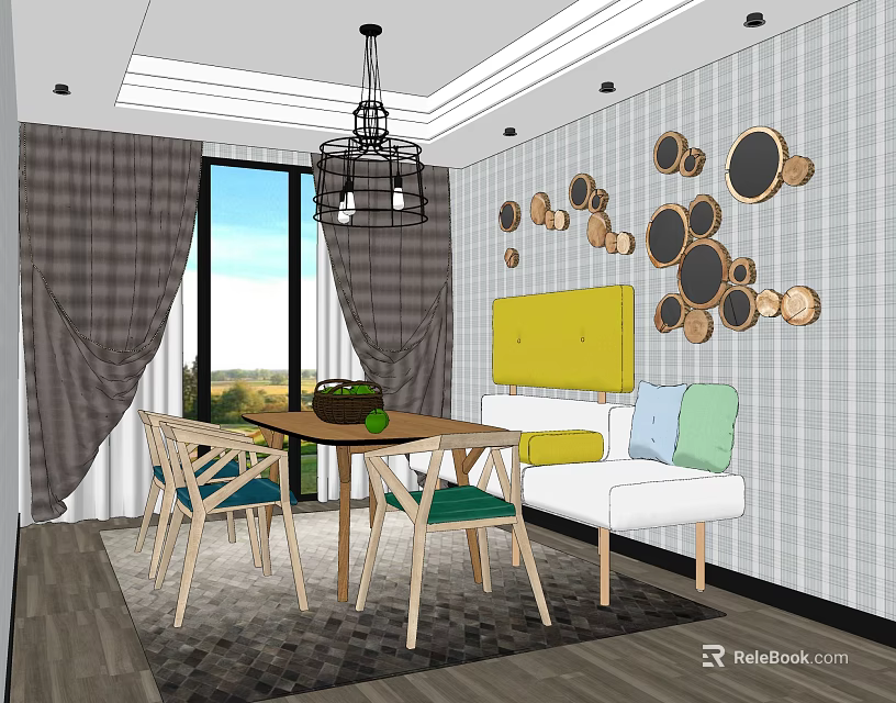 Modern Dining Table Set With Wooden Chairs Sofa Bench And Circular Wall Decor 3d model