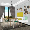 Modern Dining Table Set With Wooden Chairs Sofa Bench And Circular Wall Decor 3d model