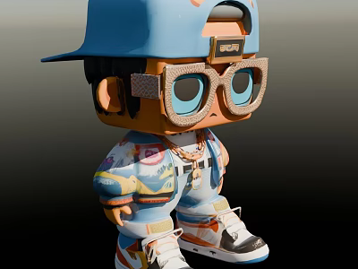 Man Wearing Blue Cap Oversized Glasses Colorful Patterned Outfit And Sneakers With Necklace 3d model