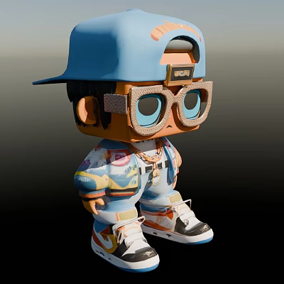 Man Wearing Blue Cap Oversized Glasses Colorful Patterned Outfit And Sneakers With Necklace 3d model