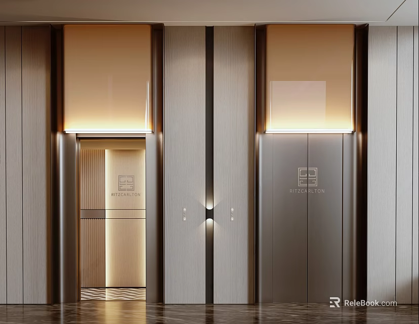 Modern Sleek Elevator Exterior Design With Metal Door Wooden Panels And Ceiling Lighting 3d model 