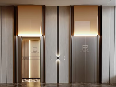 Modern Sleek Elevator Exterior Design With Metal Door Wooden Panels And Ceiling Lighting 3d model