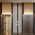 Modern Sleek Elevator Exterior Design With Metal Door Wooden Panels And Ceiling Lighting