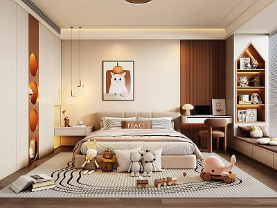 Cozy Kids Room Interior With Bed Stuffed Toys Bookshelf Desk Decorative Painting And Playful Rug 3d model