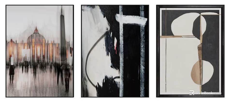 Three Framed Modern Art Prints With Abstract Cityscape And Geometric Designs 3d model 