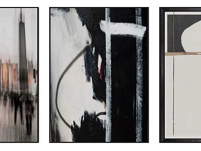 Three Framed Modern Art Prints With Abstract Cityscape And Geometric Designs 3d model